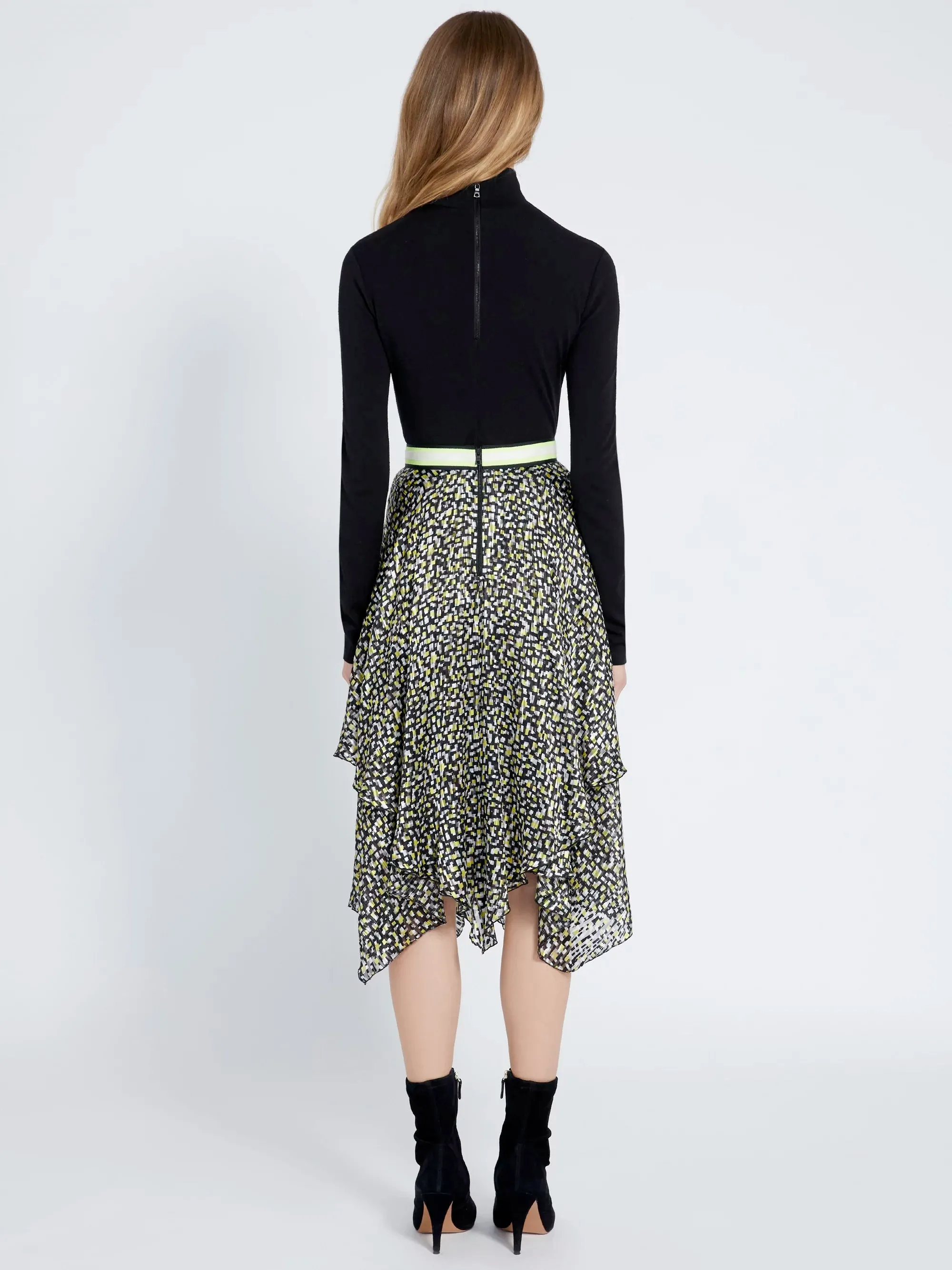 Alice   Olivia - Tarina Handkerchief Midi Skirt in Neon Yellow/Multi