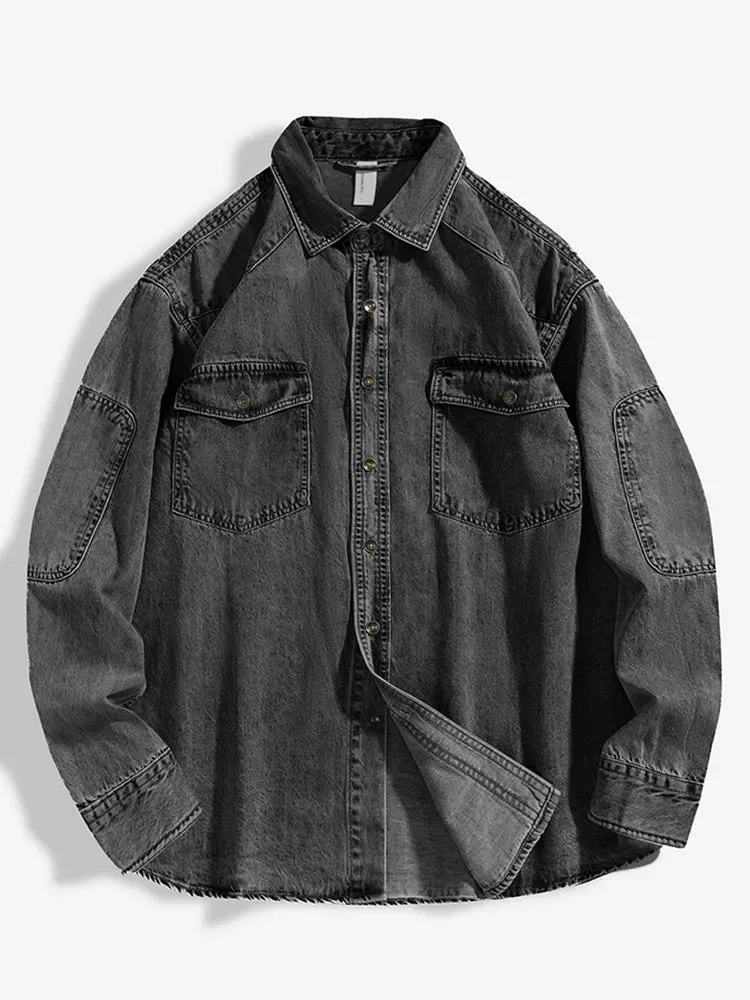 ANBICAN Men's Long Sleeve Drop Shoulder Denim Shirt