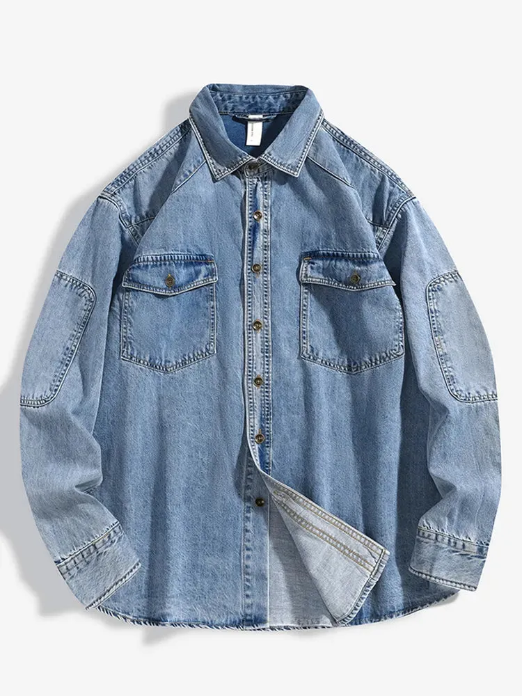 ANBICAN Men's Long Sleeve Drop Shoulder Denim Shirt