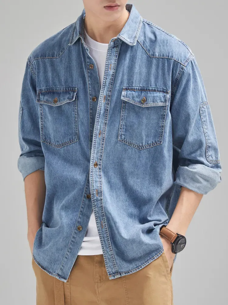 ANBICAN Men's Long Sleeve Drop Shoulder Denim Shirt