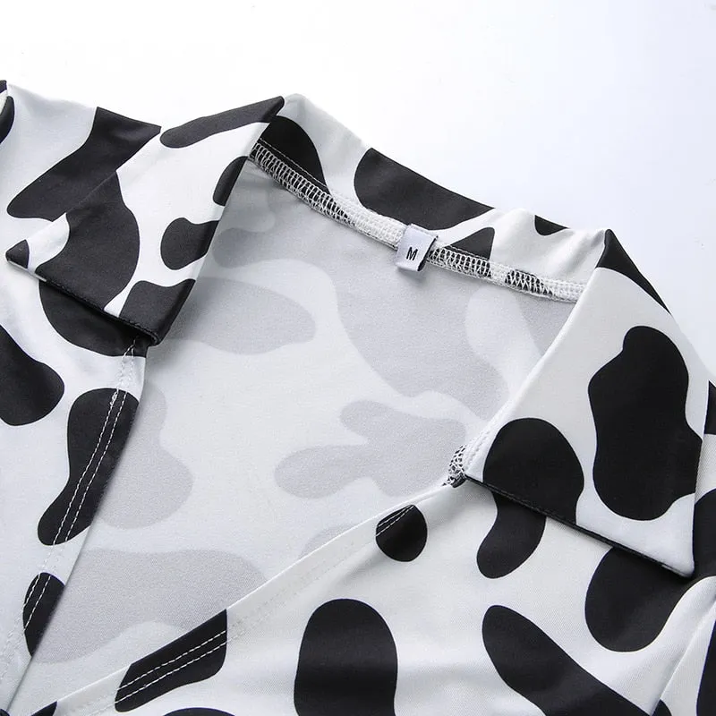 Animal Print Kawaii Cropped Feminino Tshirt Women Korean Style V-Neck Cow T-Shirts Short Sleeve Hollow Sexy Summer Tops