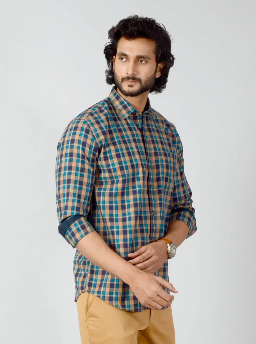 Blue & Mustard Checked Slim Fit Casual Shirt | JadeBlue