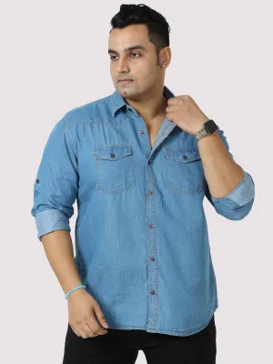 Blue Denim Double Pocket Full Sleeve Shirt Men's Plus Size