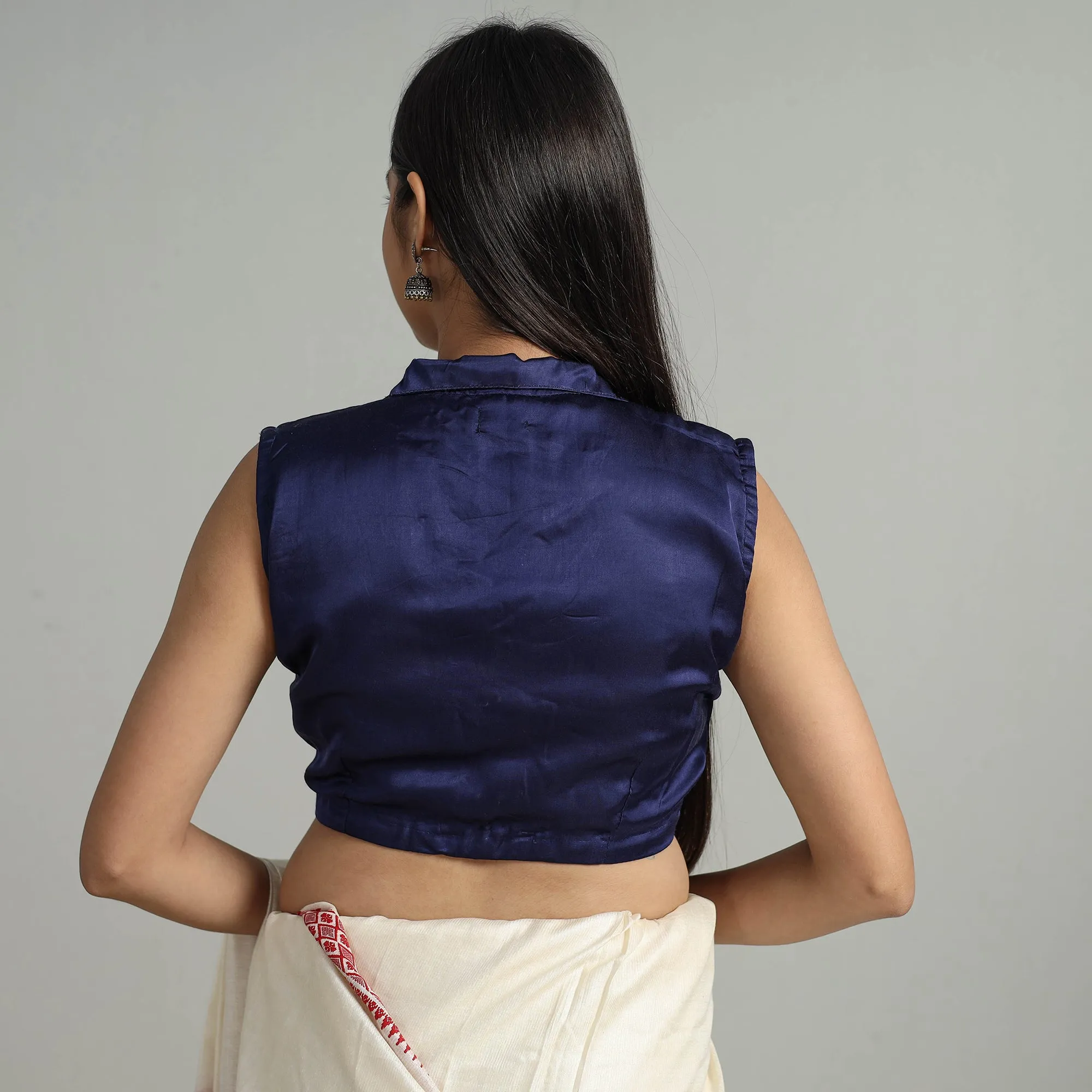 Blue - Modal Silk Plain Stitched Blouse 05