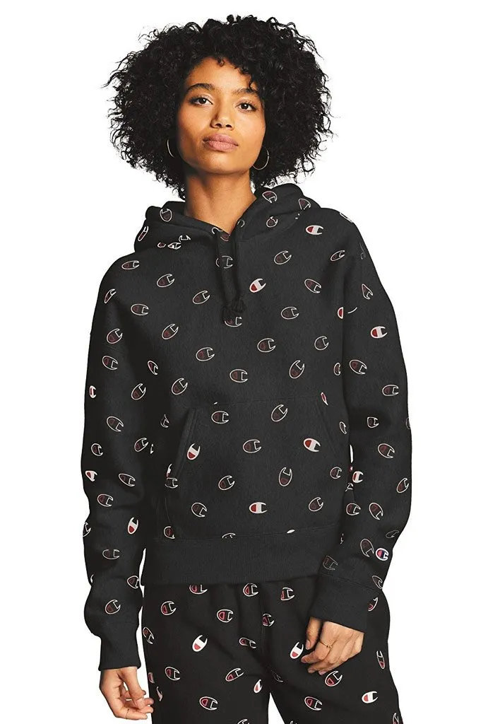 Champion Reverse Weave Pull Over Women's Hoodie, All Over Print Tossed Logo