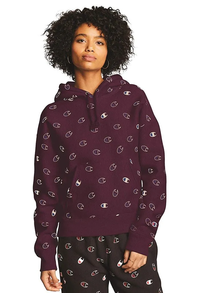 Champion Reverse Weave Pull Over Women's Hoodie, All Over Print Tossed Logo