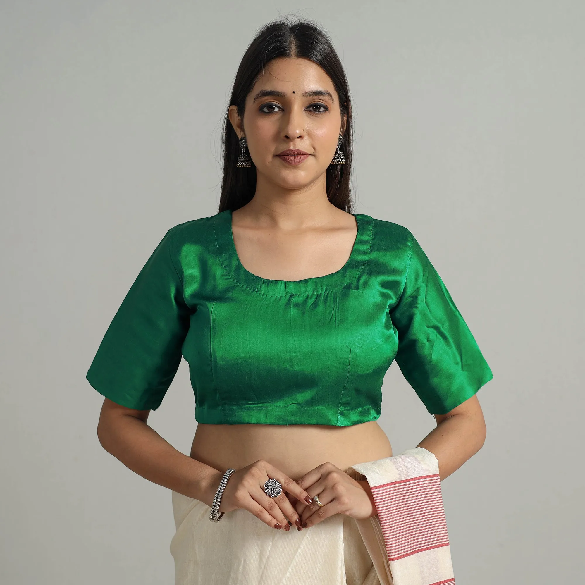 Green - Modal Silk Plain Stitched Blouse 03