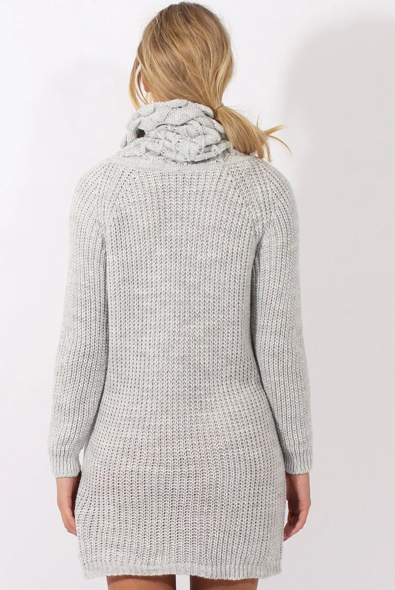 Grey Chunky Turtleneck Knit Jumper Dress - Cloe