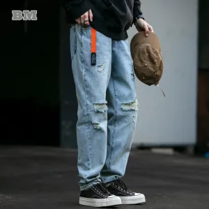 Korean Ripped Jeans For Men Streetwear Straight-leg Denim Cargo Pants