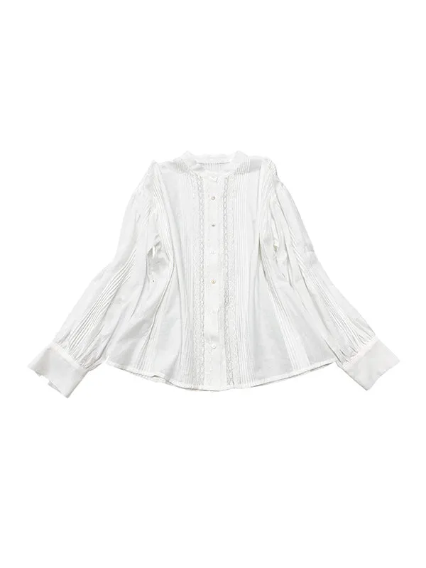 Long Sleeves Loose Buttoned Pleated Solid Color Split-Joint Stand Collar Blouses&Shirts Tops