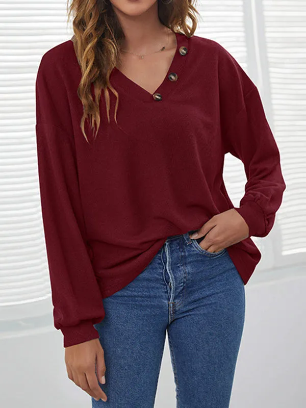 Long Sleeves Loose Buttoned V-Neck T-Shirts Tops