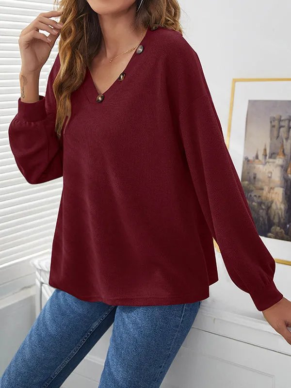 Long Sleeves Loose Buttoned V-Neck T-Shirts Tops