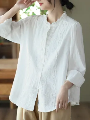 Long Sleeves Loose Embroidered Round-Neck Blouses&Shirts Tops