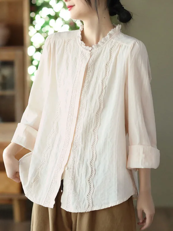 Long Sleeves Loose Embroidered Round-Neck Blouses&Shirts Tops