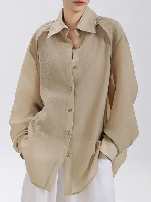 Loose Puff Sleeves See-Through Solid Color Split-Joint Sun Protection Lapel Blouses