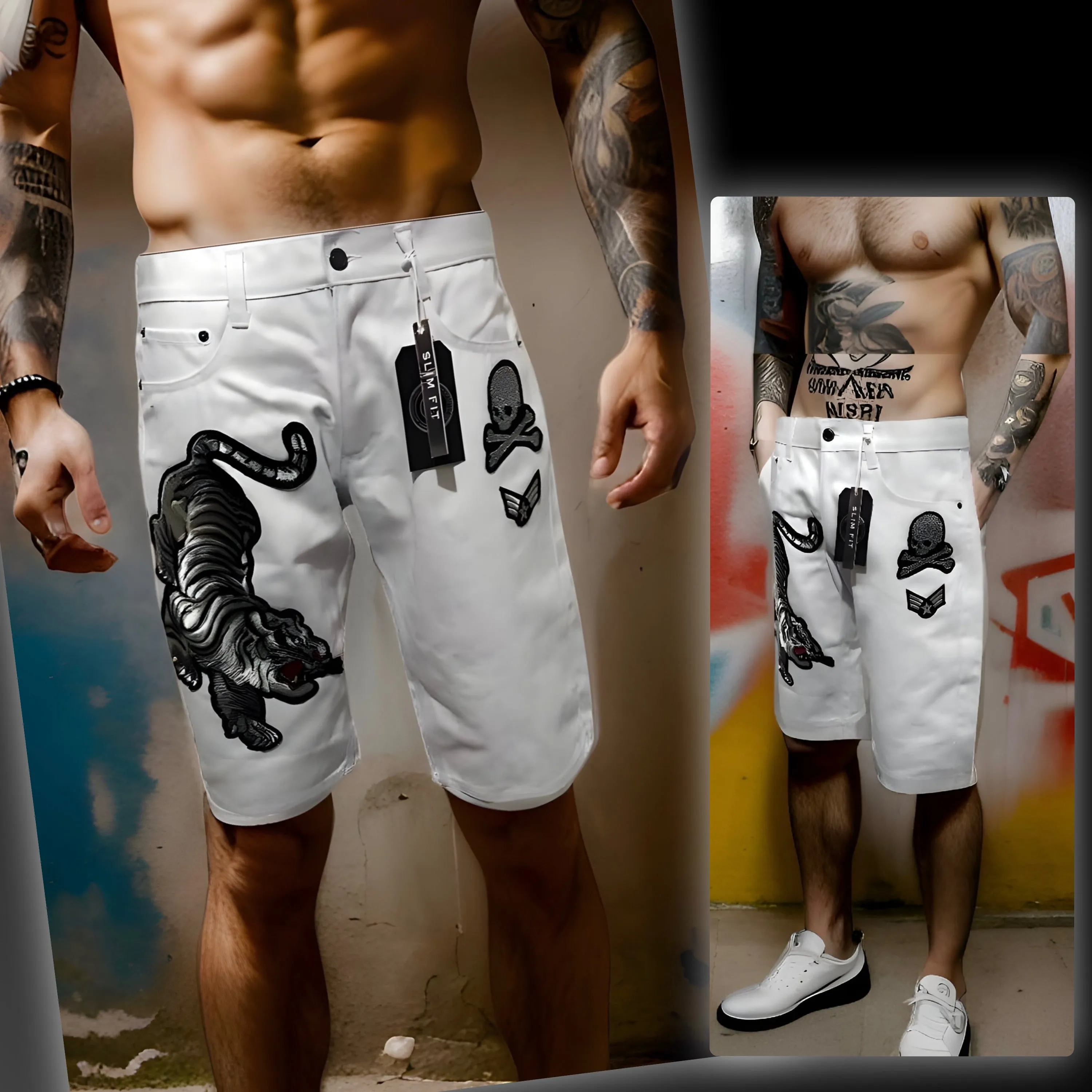 ^MAXI MILIAN^ (WHITE) ~TIGER~ DENIM SHORTS (SLIM FIT) (EMBROIDERED)