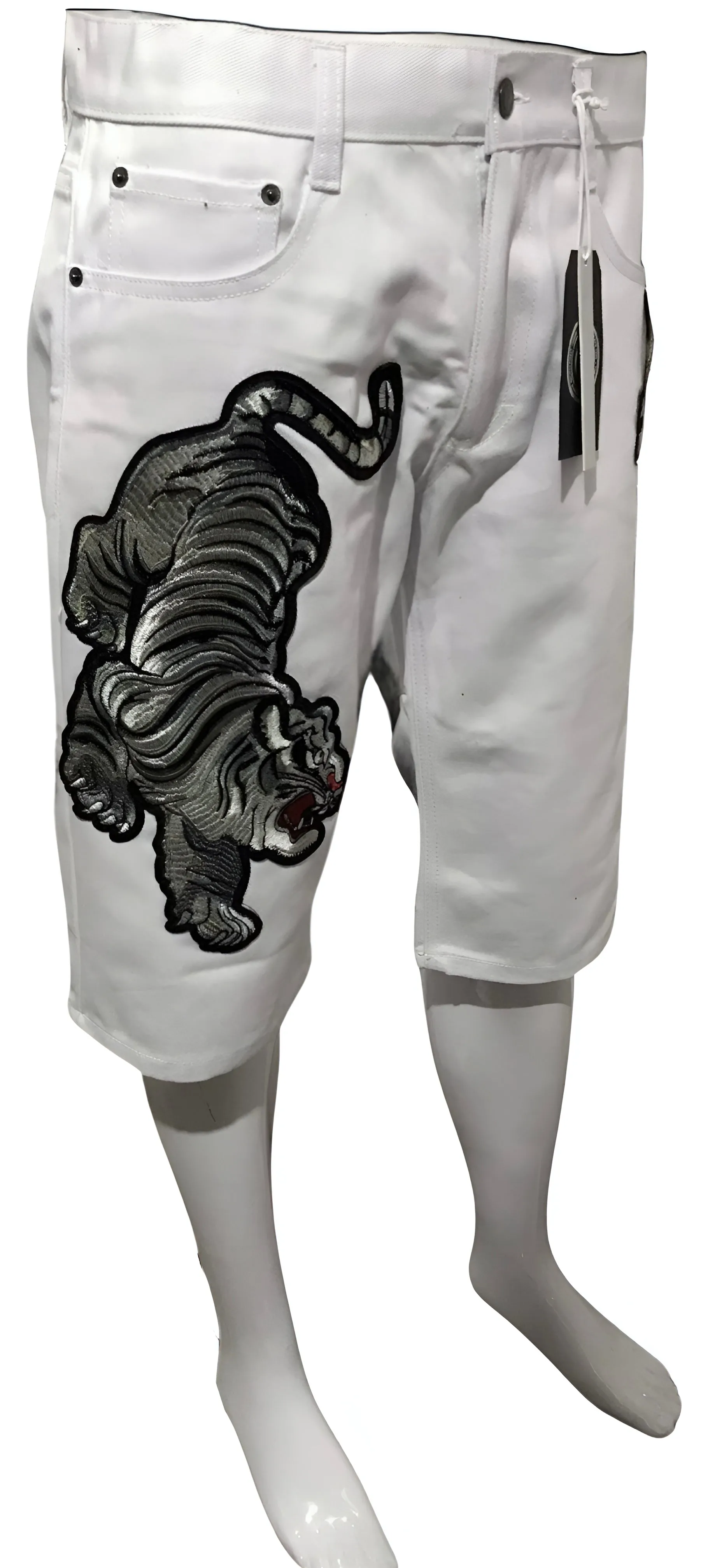 ^MAXI MILIAN^ (WHITE) ~TIGER~ DENIM SHORTS (SLIM FIT) (EMBROIDERED)