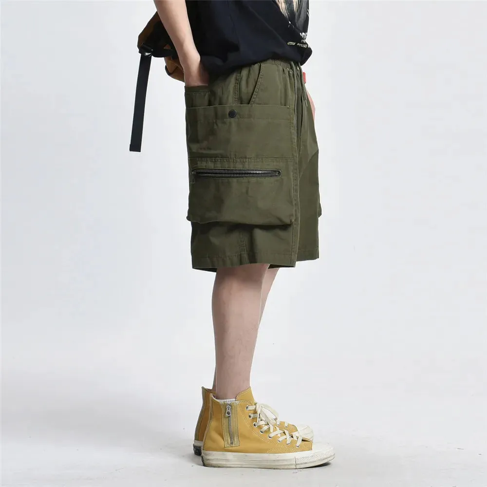 Multi-Pocket Cargo Shorts with Elastic Waist - Safari Style