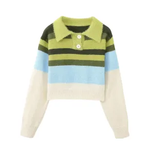 Pre Order:  Polo Neck Striped Short Sweater