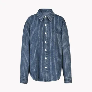 Pre Order:  Rhinestones Stripes Loose Denim Shirt