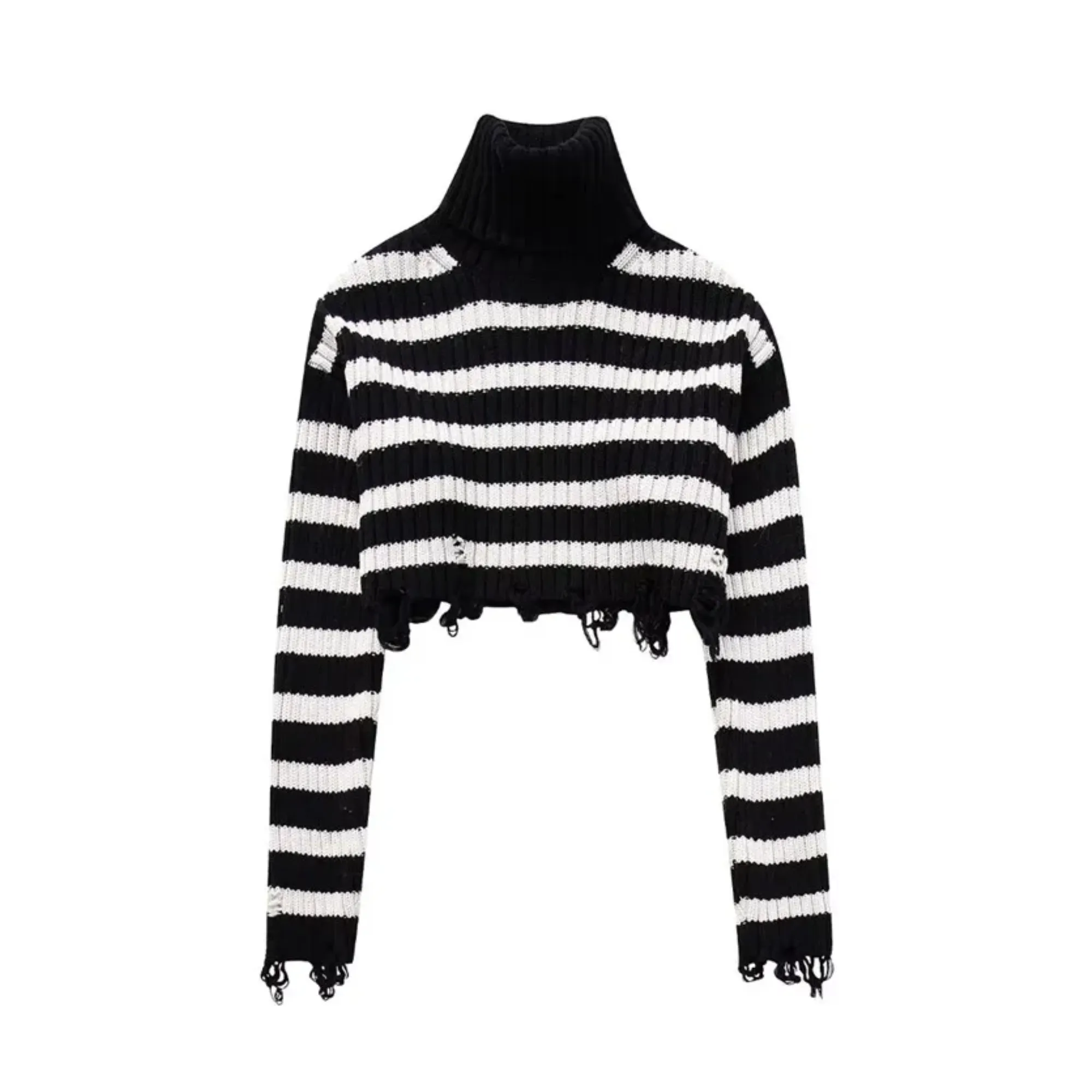 Pre Order:  Turtleneck Distressed Knit Cropped Sweater