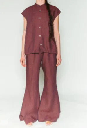 Shosh Dark Rose Red Linen Bell Bottom Pants