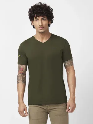 Spykar Men Rifle Green Blended Slim Fit Half Sleeve V-Neck Plain Tshirt