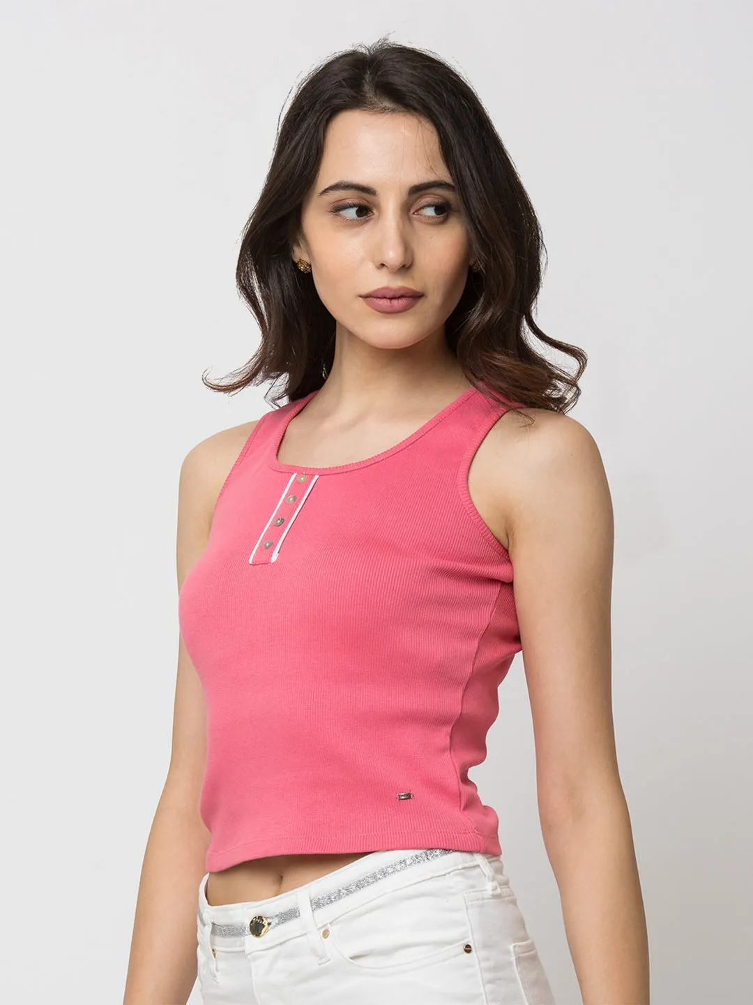 Spykar Women Pink Lycra Slim Fit Round Neck Crop T-Shirt