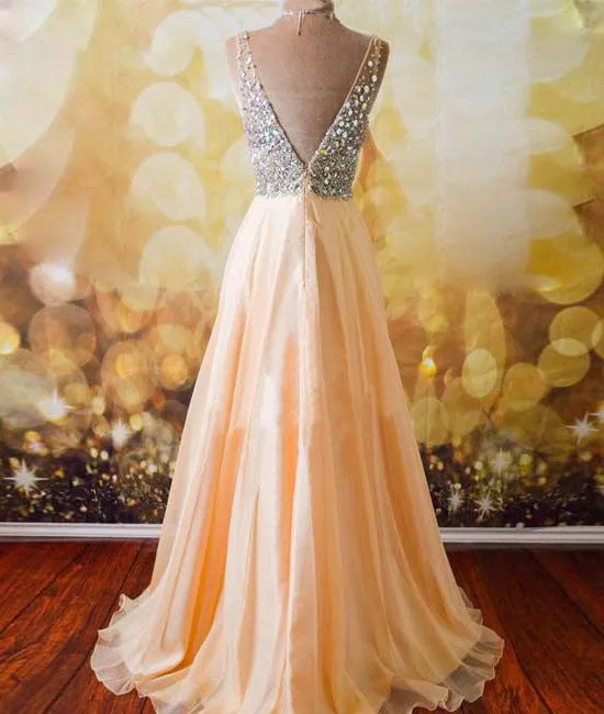 V Neck And V Back Sequins Chiffon Prom Dresses, Long Formal Dresses, Evening Dresses