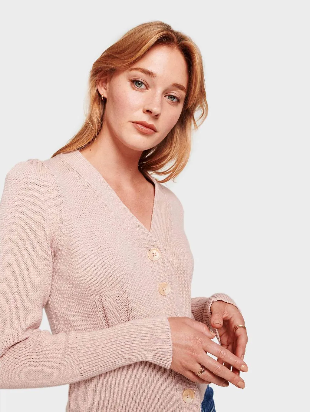 White   Warren - Puff Shoulder Cardigan in Pink Topaz